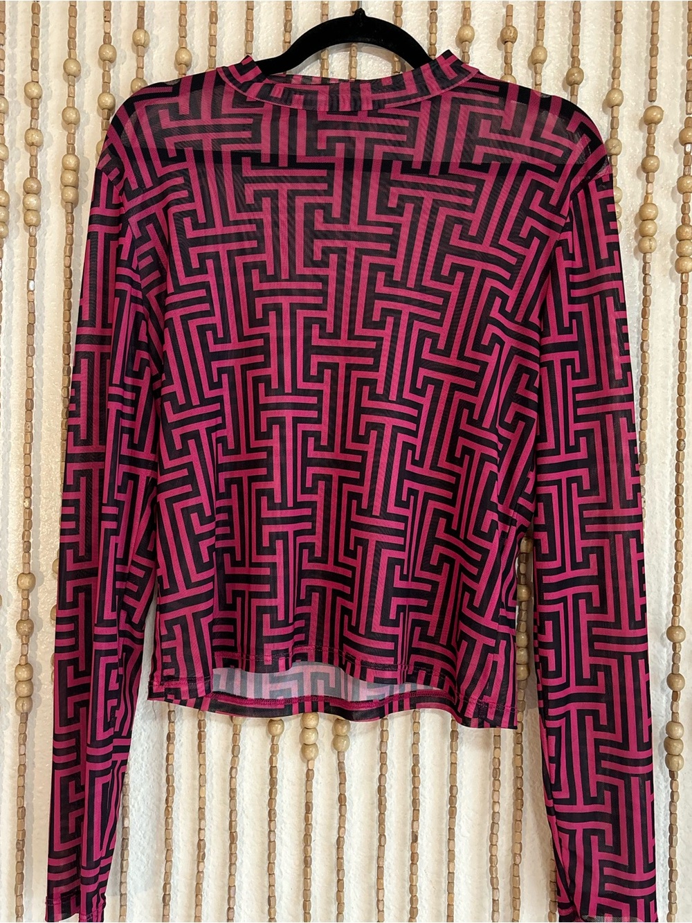 YMI Pink Black Mesh Sheer Long Sleeve Geometric Layering Y2K Glam Stretchy Top